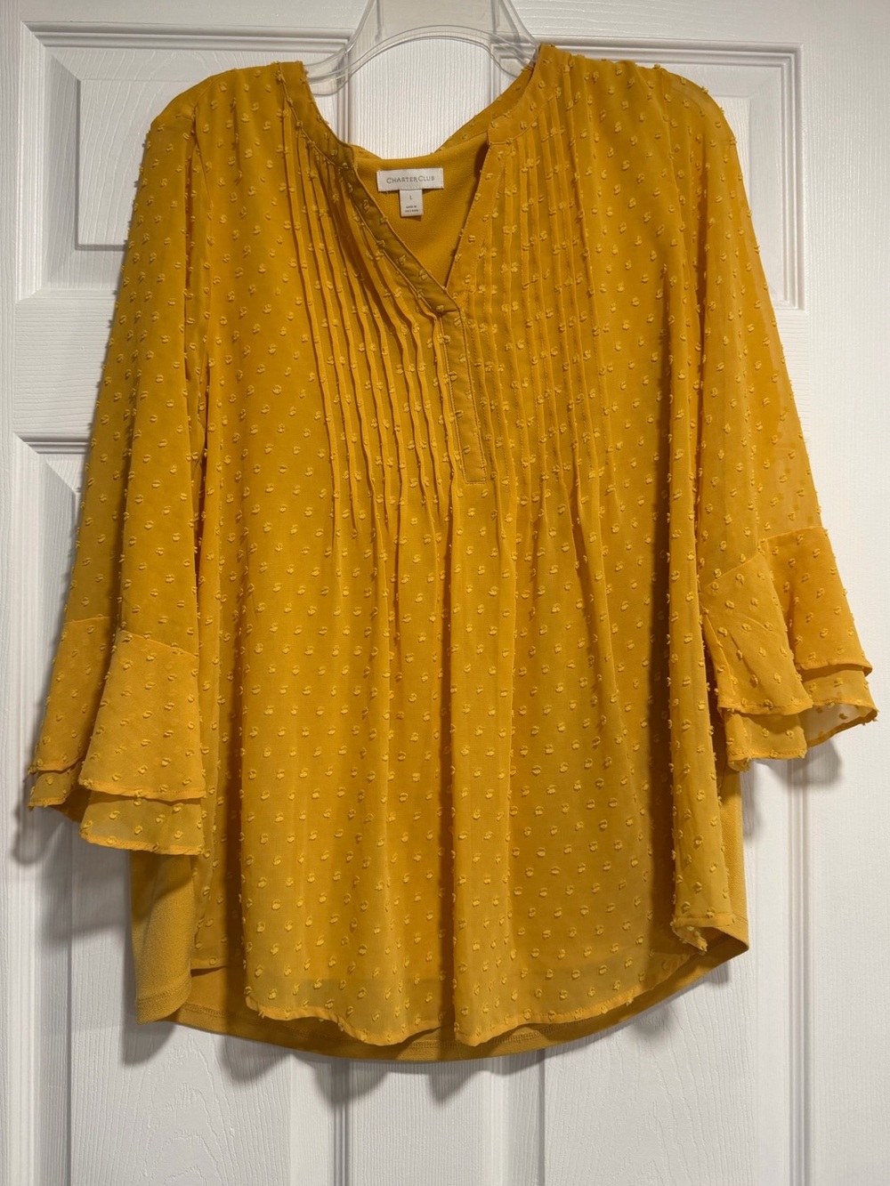 Charter Club Mustard Textured Swiss-Dot Pleated V-Neck Blouse